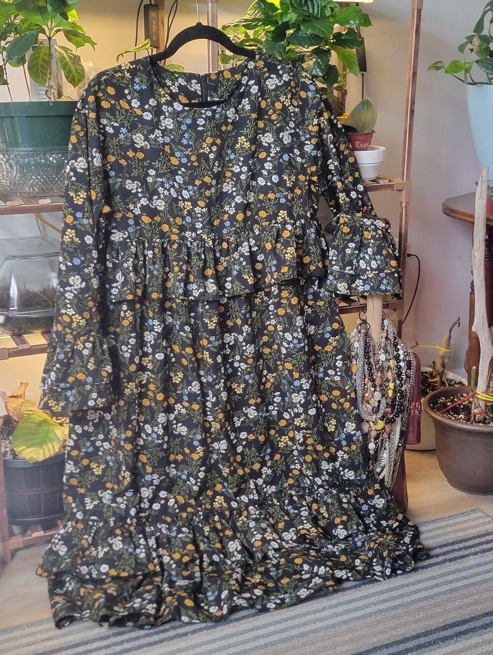Boho Floral Ruffle Tiered Long Sleeve Dress - Black with Mustard & White Flowers